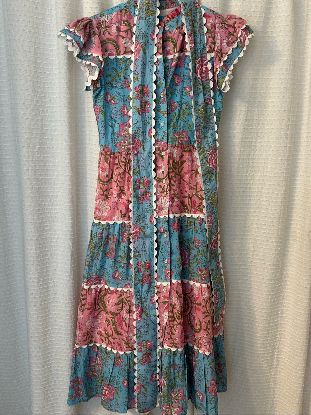 Floral Tiered Midi Dress in Pink & Blue - Picture 4 of 4